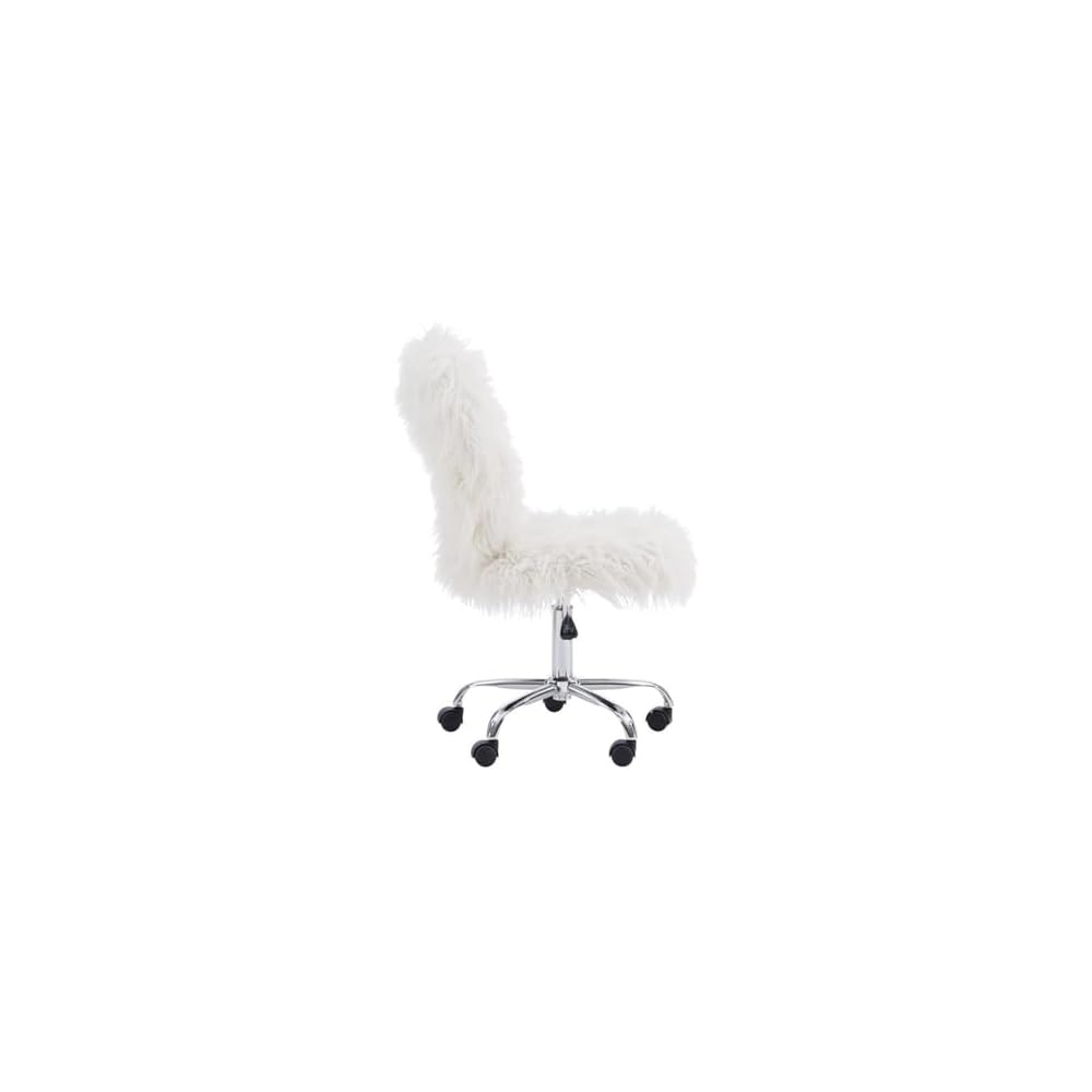 Pemberly Row Faux Fur Upholstered Armless Task Chair, Adjustable Height, Chrome Base with Casters, Cream White Polyester Upholstery, Swivel Office Chair for Home or Dorm Workspace