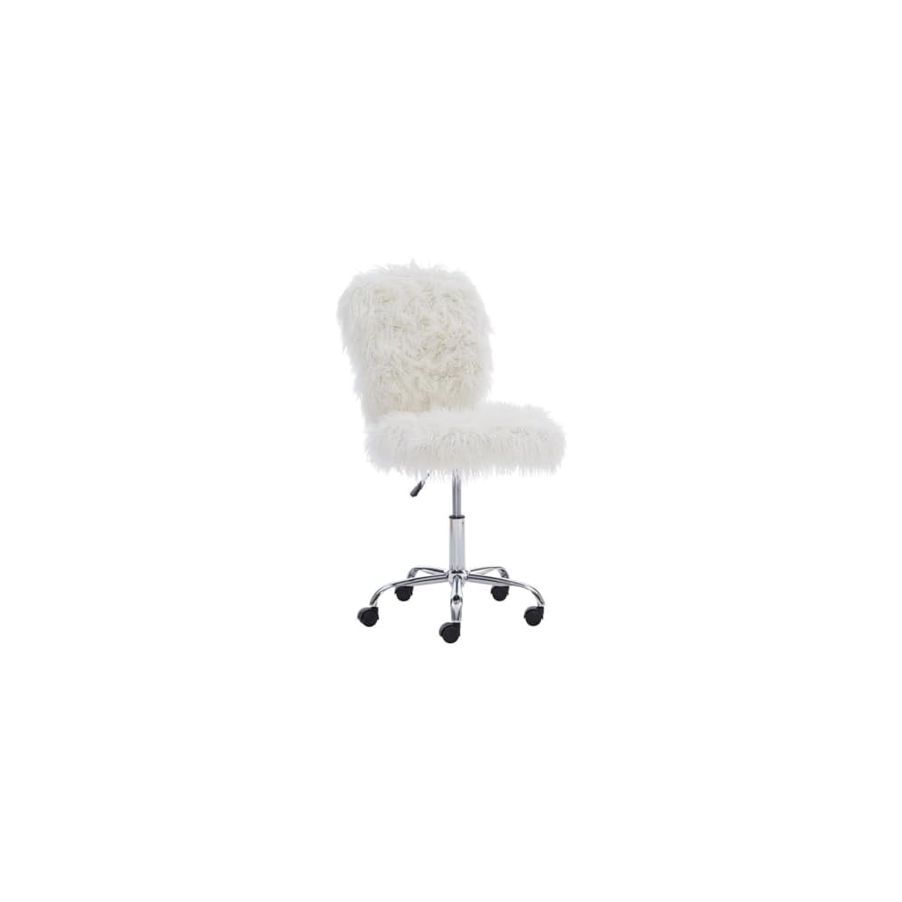 Pemberly Row Faux Fur Upholstered Armless Task Chair, Adjustable Height, Chrome Base with Casters, Cream White Polyester Upholstery, Swivel Office Chair for Home or Dorm Workspace
