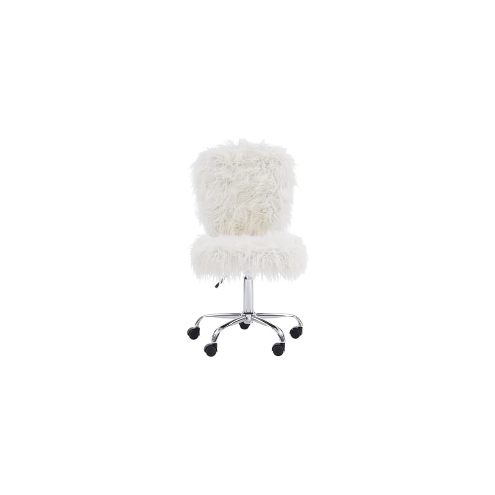 Pemberly Row Faux Fur Upholstered Armless Task Chair, Adjustable Height, Chrome Base with Casters, Cream White Polyester Upholstery, Swivel Office Chair for Home or Dorm Workspace