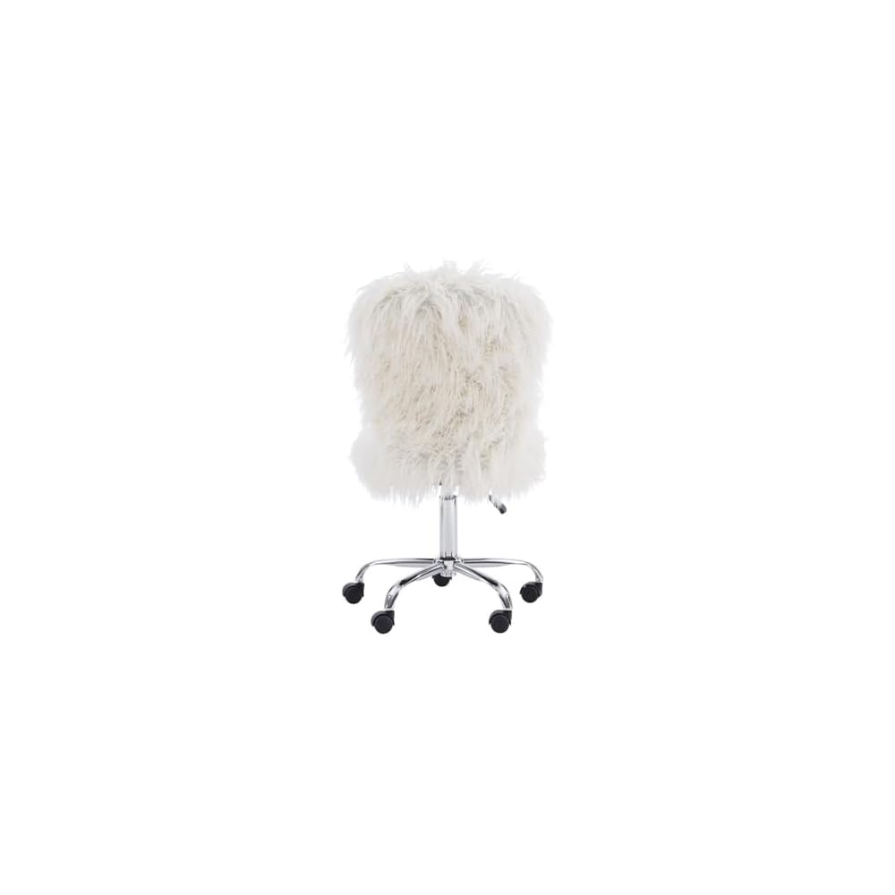 Pemberly Row Faux Fur Upholstered Armless Task Chair, Adjustable Height, Chrome Base with Casters, Cream White Polyester Upholstery, Swivel Office Chair for Home or Dorm Workspace