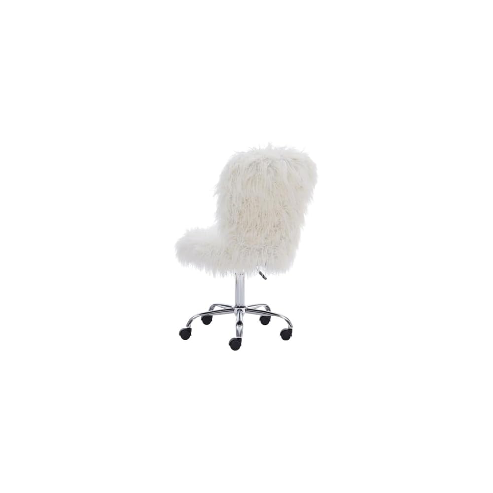 Pemberly Row Faux Fur Upholstered Armless Task Chair, Adjustable Height, Chrome Base with Casters, Cream White Polyester Upholstery, Swivel Office Chair for Home or Dorm Workspace