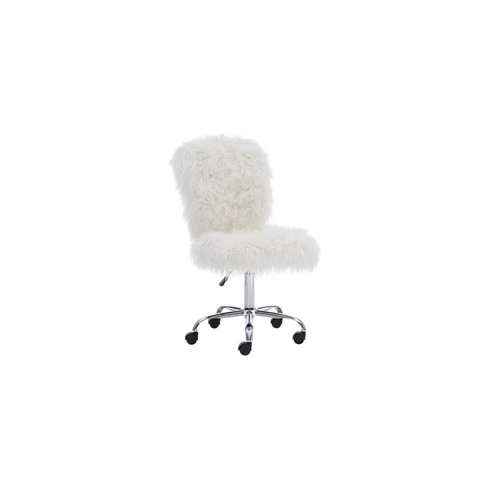 Pemberly Row Faux Fur Upholstered Armless Task Chair, Adjustable Height, Chrome Base with Casters, Cream White Polyester Upholstery, Swivel Office Chair for Home or Dorm Workspace