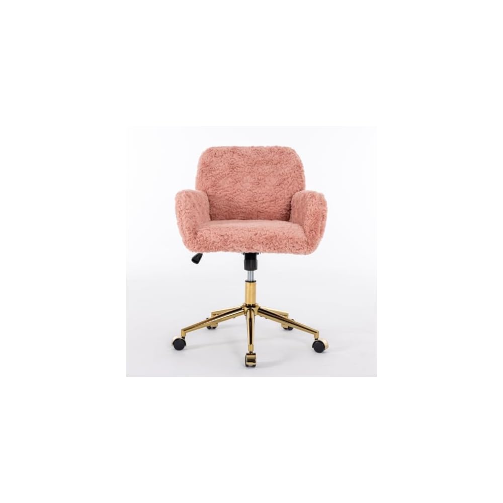 Furniture Office Chair,Artificial Rabbit Hair Home Office Chair with Golden Metal Base,Adjustable Desk Chair Swivel Office Chair,Vanity Chair(Pink), 320 mm