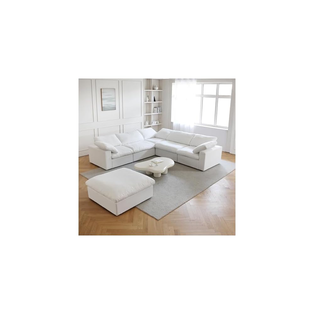 JACH V Shape Cloud Couches for Living Room, Modular Convertible Sectional Sofa Couch, Couch Cushion Covers Removable, Cloud Sofas with Chaise Ottoman for Party Living Room, Bedroom, Apartment (White)