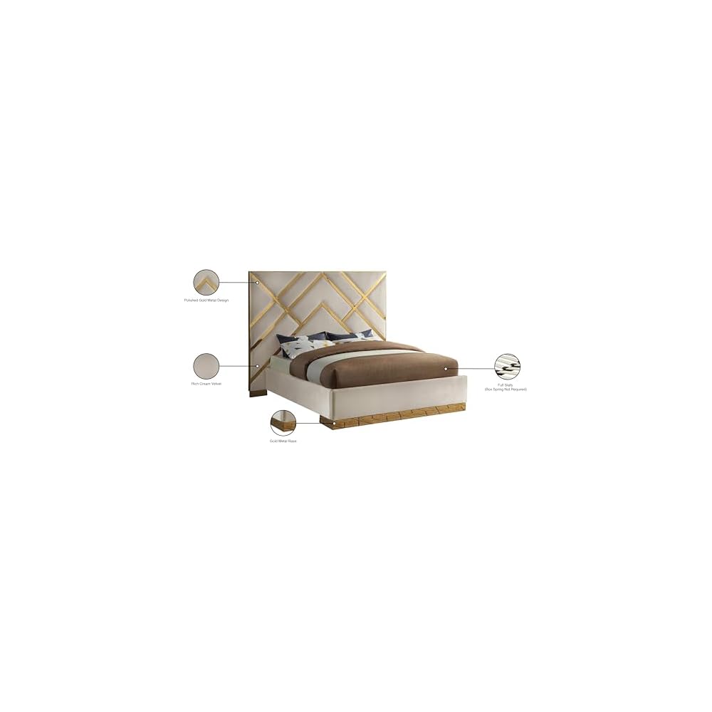 Meridian Furniture VectorCream-K Vector Collection Modern | Contemporary Velvet Upholstered Bed, Custom Gold Metal Base and Polished Gold Metal Design, 97.5" W x 85.5" D x 68" H, Cream, King