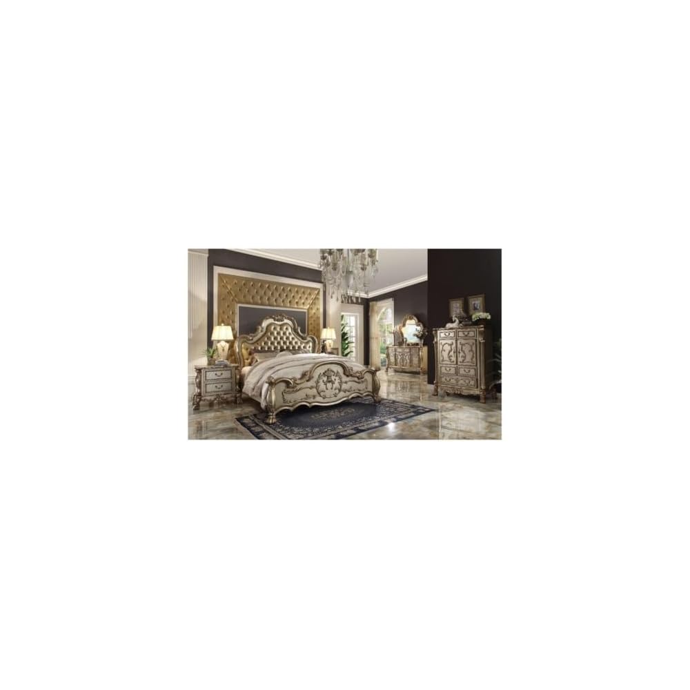 BOWERY HILL Eastern King Panel Bed, Bone Synthetic Leather Upholstery, Gold Patina Finish, Wood and Poly Resin Construction, Claw Legs, Tufted Headboard with Nailhead Trim, Luxury Master Bedroom