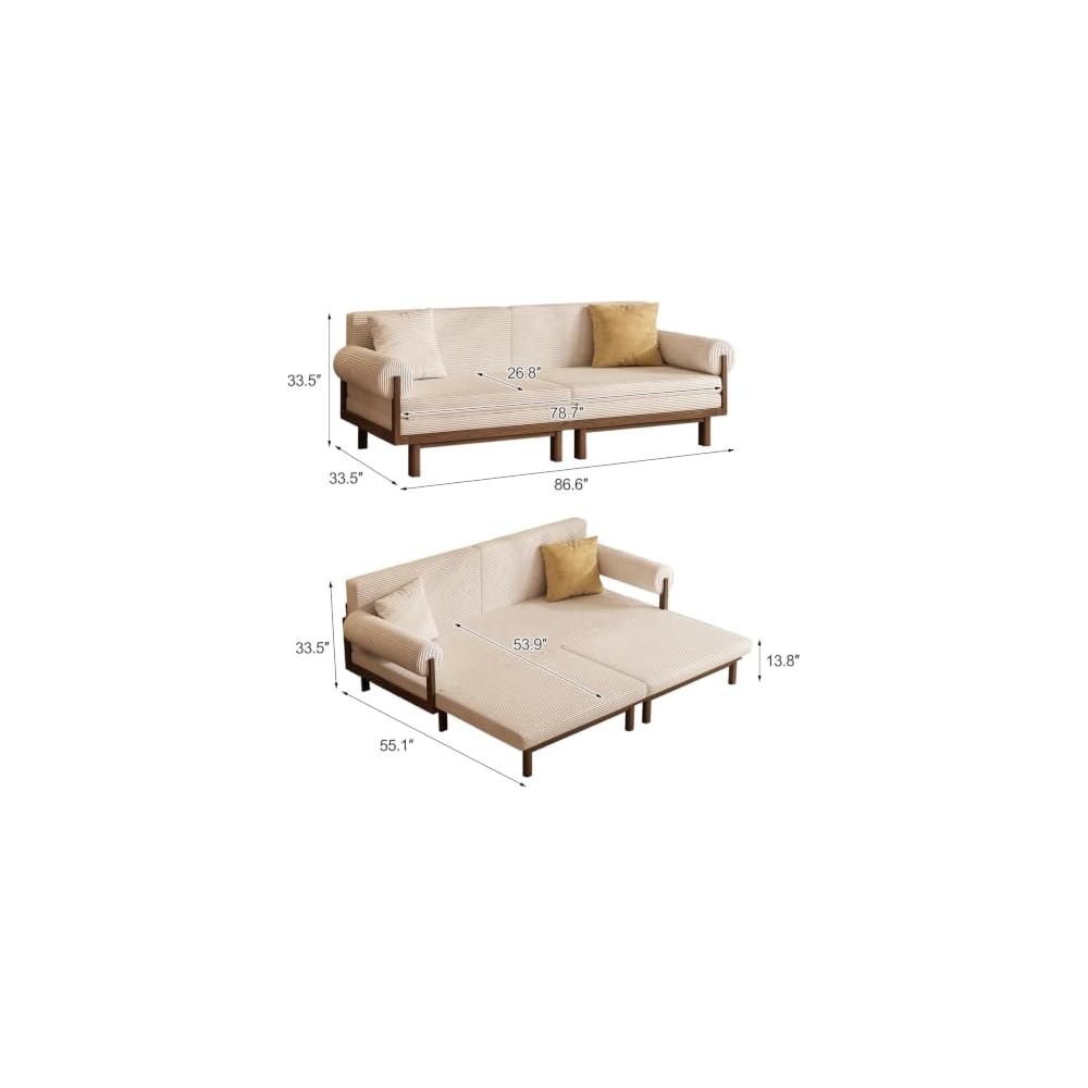 Sofa Bed with Pull Out Sleeper, 84.65 Inch, Full Solid Wood Frame,