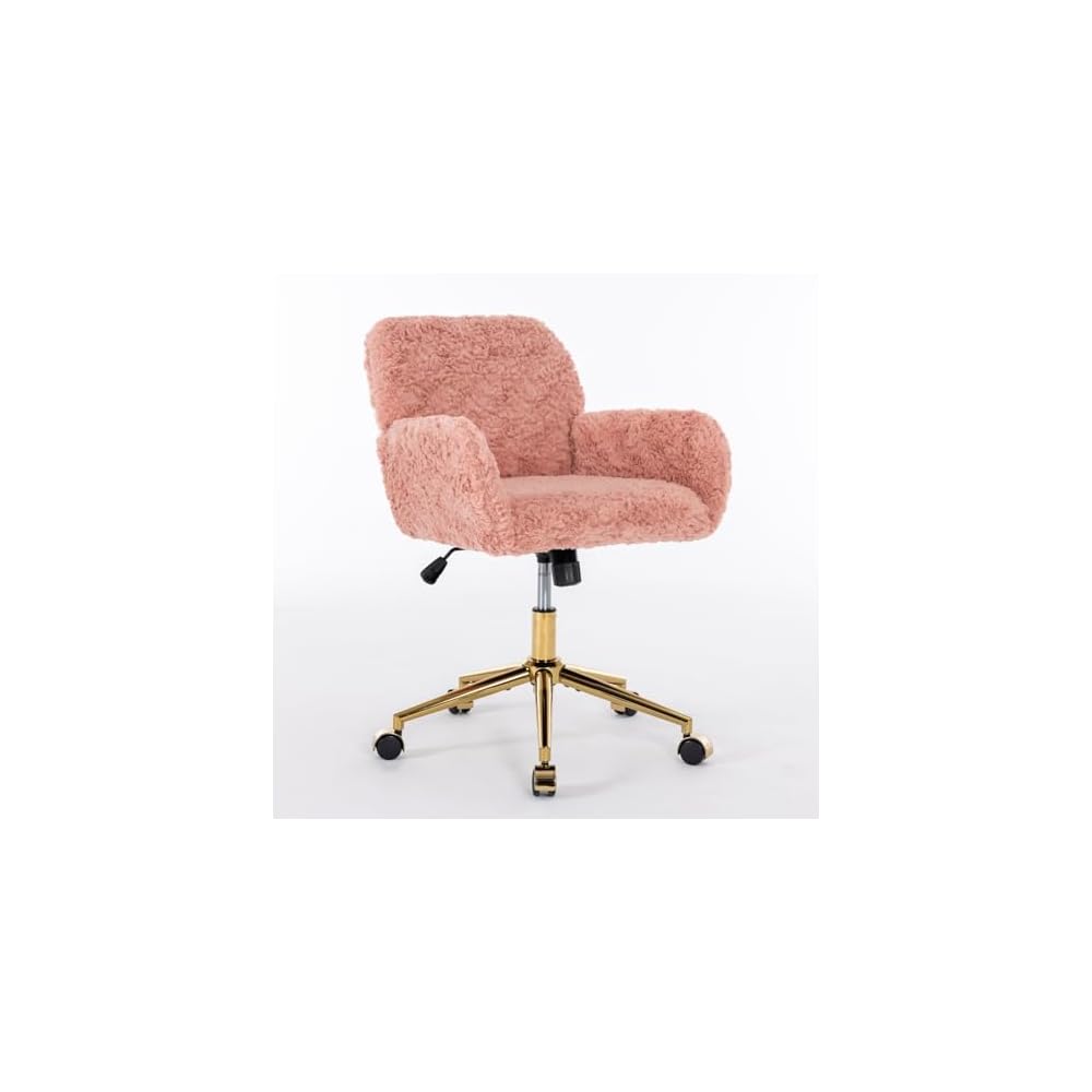 Furniture Office Chair,Artificial Rabbit Hair Home Office Chair with Golden Metal Base,Adjustable Desk Chair Swivel Office Chair,Vanity Chair(Pink), 320 mm