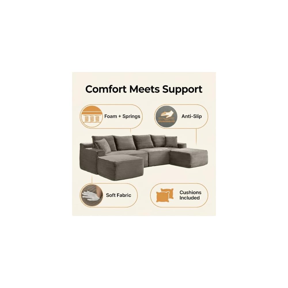 115" Modular Sectional Sofa, Corduroy U-Shaped Cloud Couch with Chaise ‌and Ottoman‌, No Assembly Boneless Couches for Living Room, Brown