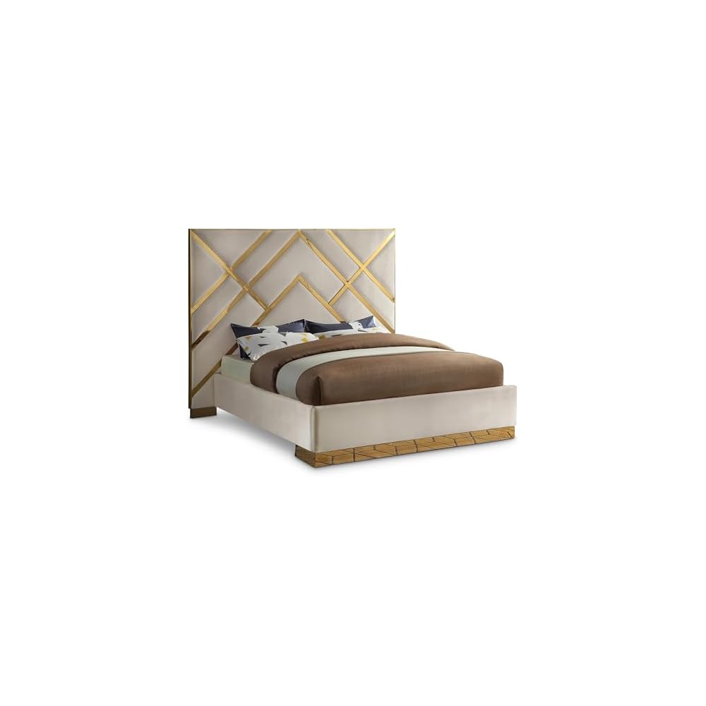 Meridian Furniture VectorCream-K Vector Collection Modern | Contemporary Velvet Upholstered Bed, Custom Gold Metal Base and Polished Gold Metal Design, 97.5" W x 85.5" D x 68" H, Cream, King