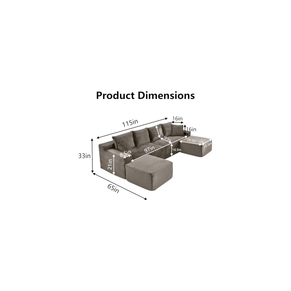 115" Modular Sectional Sofa, Corduroy U-Shaped Cloud Couch with Chaise ‌and Ottoman‌, No Assembly Boneless Couches for Living Room, Brown