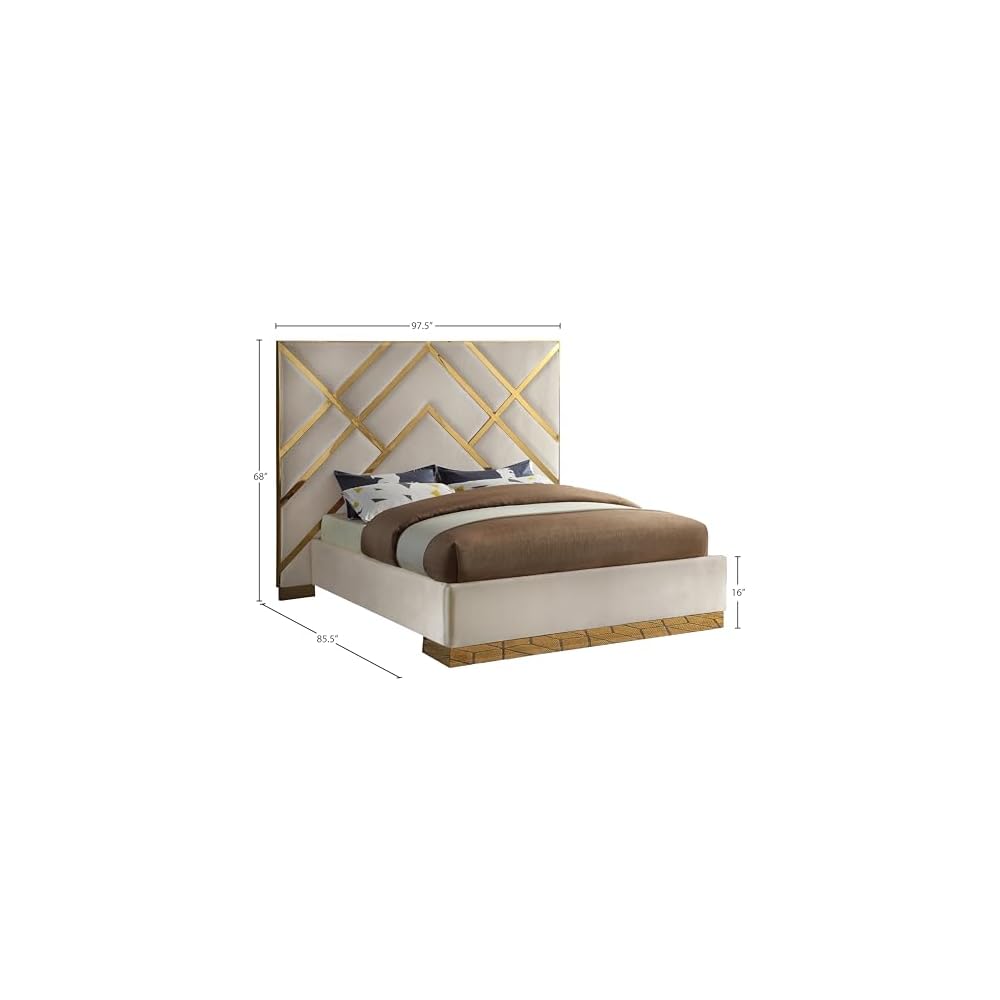 Meridian Furniture VectorCream-K Vector Collection Modern | Contemporary Velvet Upholstered Bed, Custom Gold Metal Base and Polished Gold Metal Design, 97.5" W x 85.5" D x 68" H, Cream, King