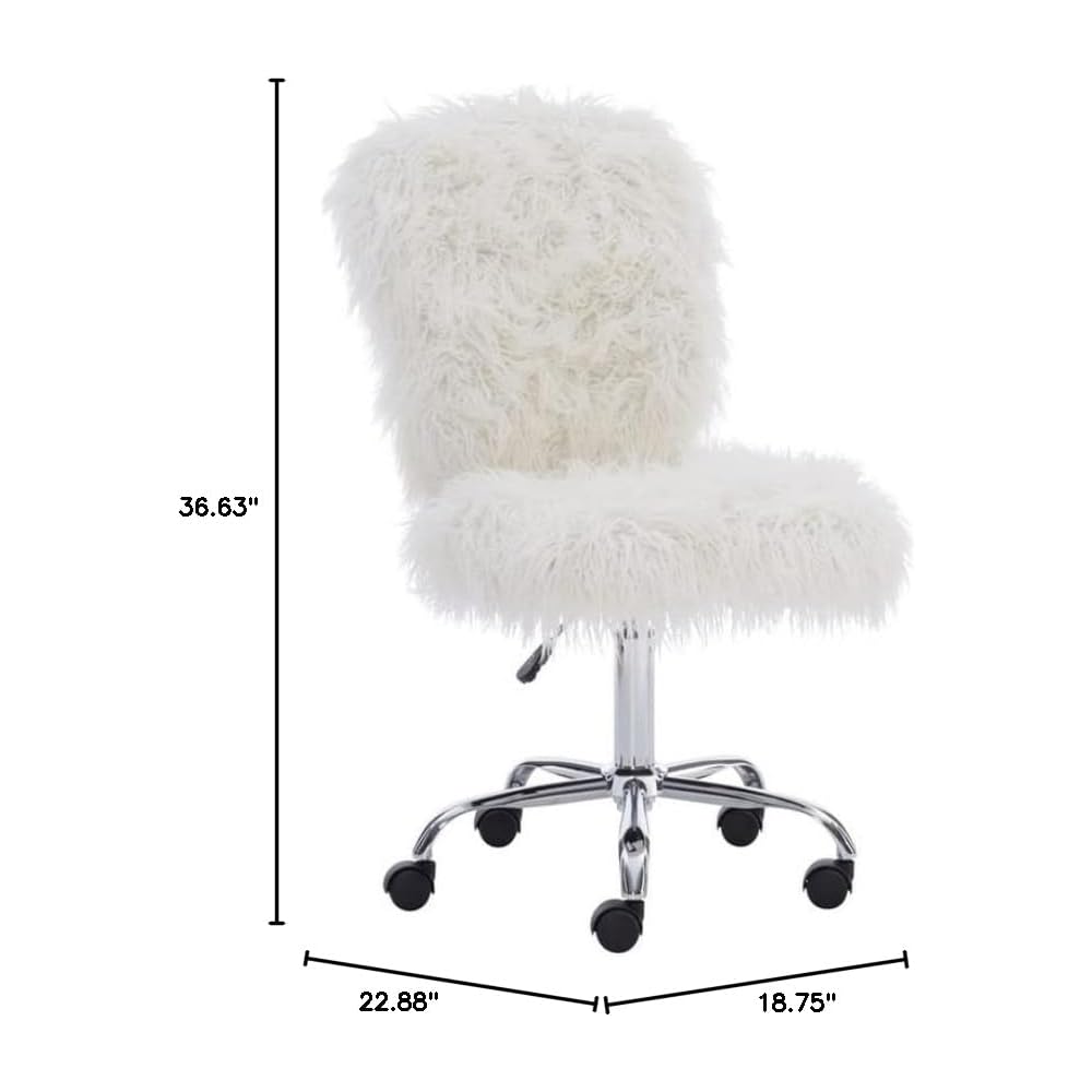 Pemberly Row Faux Fur Upholstered Armless Task Chair, Adjustable Height, Chrome Base with Casters, Cream White Polyester Upholstery, Swivel Office Chair for Home or Dorm Workspace