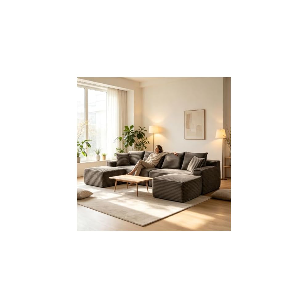 115" Modular Sectional Sofa, Corduroy U-Shaped Cloud Couch with Chaise ‌and Ottoman‌, No Assembly Boneless Couches for Living Room, Brown