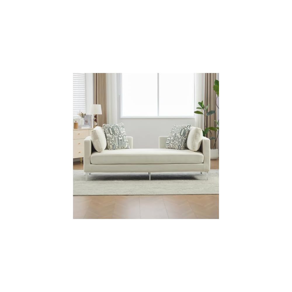 78" Soft Chenille Exquisite Deep-Seat Couch, Elegance Fashionable Sofa with Resilient Foam Cushion, Modern Cloud Couch with Track arms and Pillows for Living Room and Window Space, Ivory