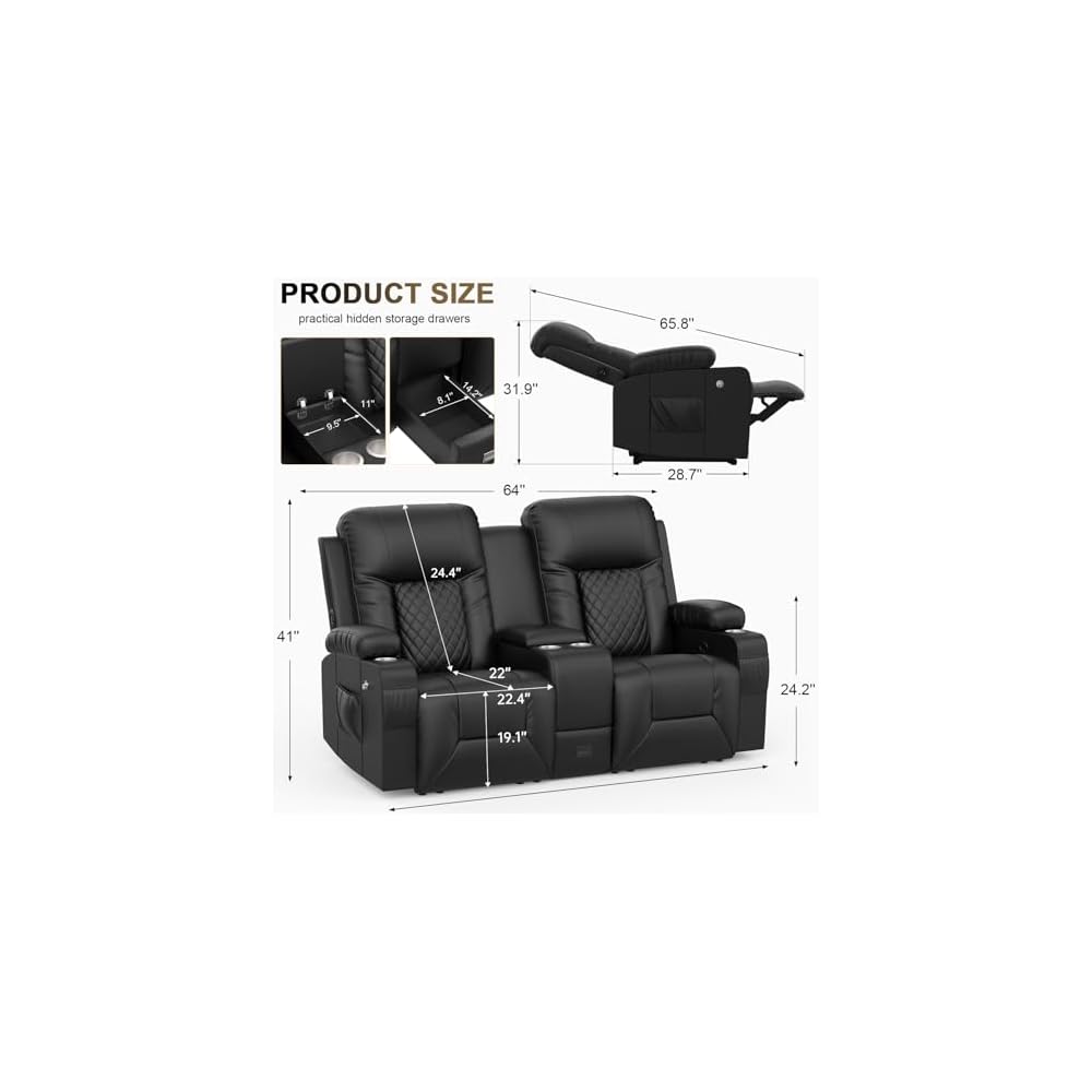 YONISEE Loveseat Recliner, Loveseat Recliner Sofa with Storage Console, RV Recliner Couch with USB Ports, 2 Cell Phone Holders, Cup Holder, Reclining Loveseat for Living Room