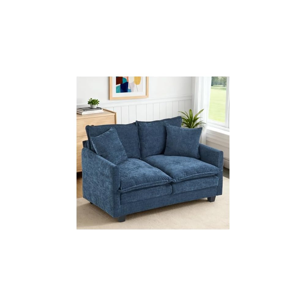 Loveseat Sofa Cloud Sofa Couch 50'', Modern Loveseats 2 Seat Couch 27" Deep Seat with 2 Pillows for Small Spaces Apartment Studio Office Bedroom Living Room 8834-BLUE