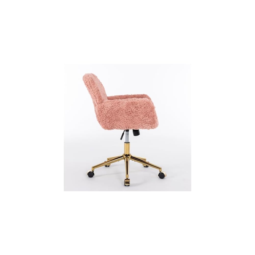 Furniture Office Chair,Artificial Rabbit Hair Home Office Chair with Golden Metal Base,Adjustable Desk Chair Swivel Office Chair,Vanity Chair(Pink), 320 mm