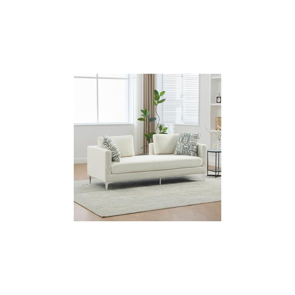 78" Soft Chenille Exquisite Deep-Seat Couch, Elegance Fashionable Sofa with Resilient Foam Cushion, Modern Cloud Couch with Track arms and Pillows for Living Room and Window Space, Ivory