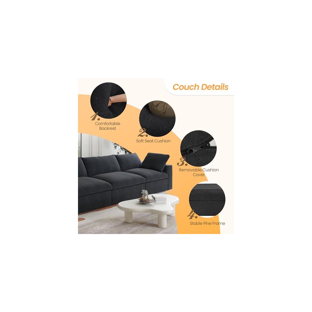 JACH Modular Sectional Couches for Living Room, Modern Convertible Couch, Comfy Love Seat Sofas, Covers Removable, Modern Sectional Sofa for Living Room Apartment (Black)