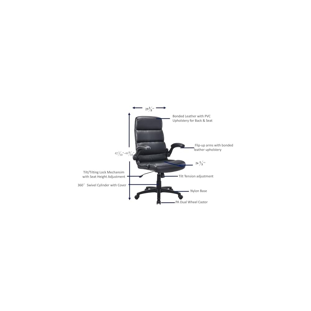 Lorell Colline High-Back Office Chair with Flip-Up Arms, Bonded Leather with PVC, 360-Degree Swivel, Tilt Mechanism, Black