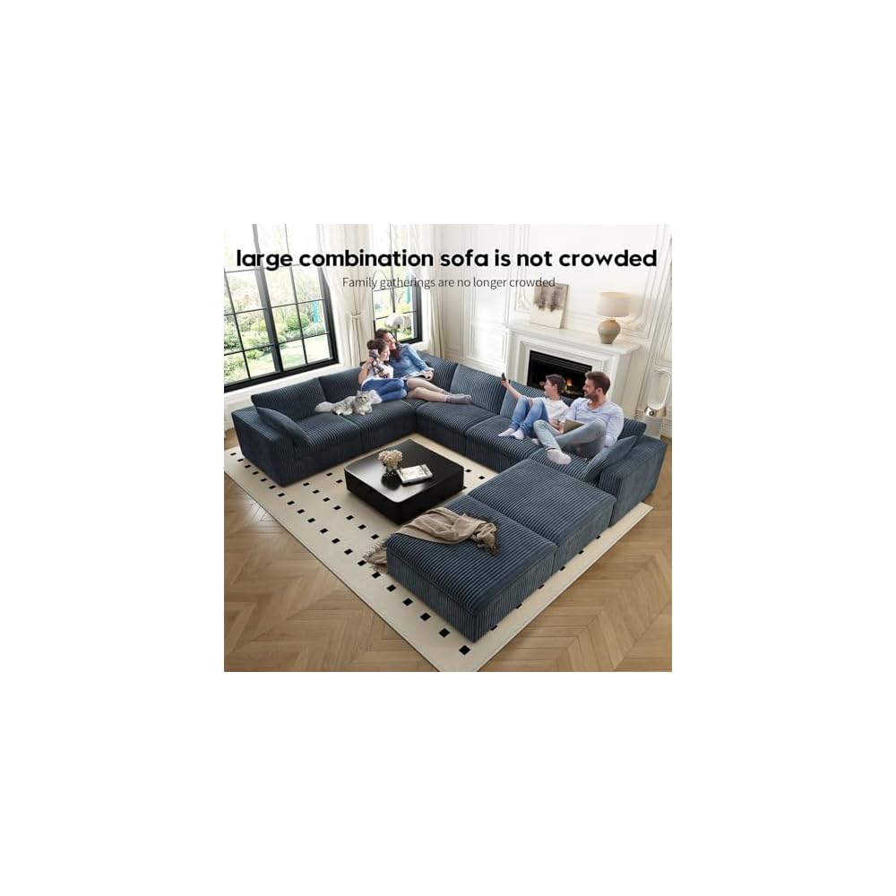 157.5" Cloud Couch Oversized Modular Sectional Sofa for Living Room,Modern Sofa with Deep Seat，8 Seater Boneless Couch with 2 Ottoman,Comfy Upholstered Couches for Apartment, Studio, Office,Blue