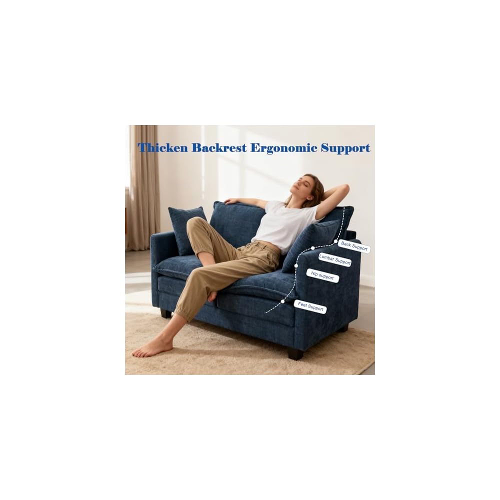 Loveseat Sofa Cloud Sofa Couch 50'', Modern Loveseats 2 Seat Couch 27" Deep Seat with 2 Pillows for Small Spaces Apartment Studio Office Bedroom Living Room 8834-BLUE