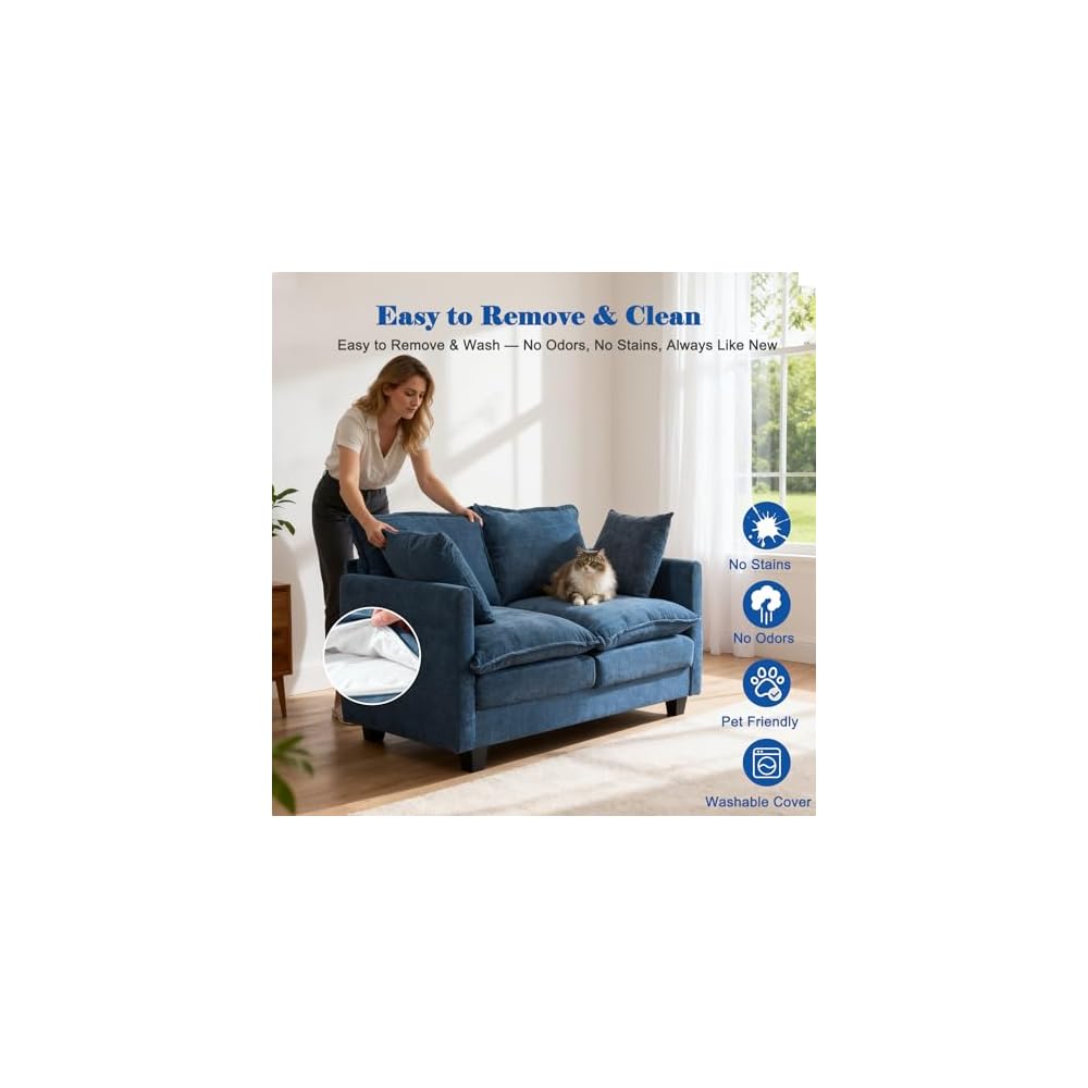 Loveseat Sofa Cloud Sofa Couch 50'', Modern Loveseats 2 Seat Couch 27" Deep Seat with 2 Pillows for Small Spaces Apartment Studio Office Bedroom Living Room 8834-BLUE