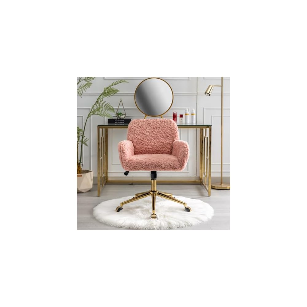 Furniture Office Chair,Artificial Rabbit Hair Home Office Chair with Golden Metal Base,Adjustable Desk Chair Swivel Office Chair,Vanity Chair(Pink), 320 mm