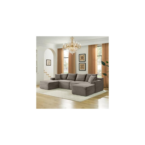 115" Modular Sectional Sofa, Corduroy U-Shaped Cloud Couch with Chaise ‌and Ottoman‌, No Assembly Boneless Couches for Living Room, Brown