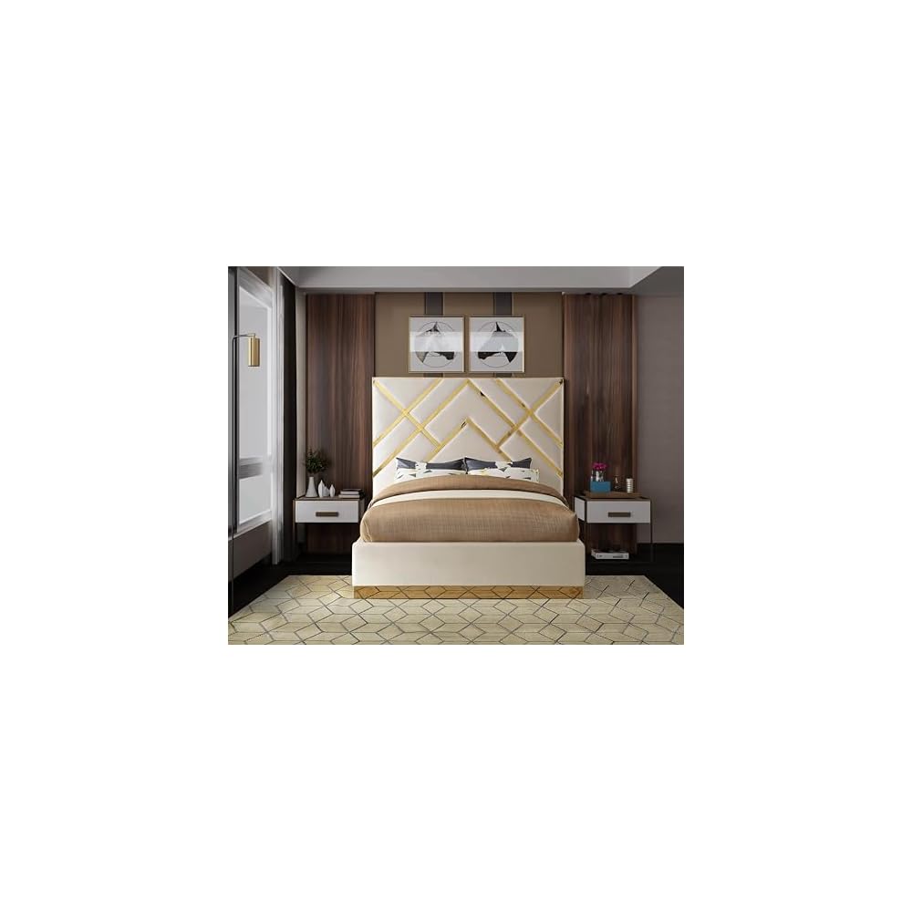 Meridian Furniture VectorCream-K Vector Collection Modern | Contemporary Velvet Upholstered Bed, Custom Gold Metal Base and Polished Gold Metal Design, 97.5" W x 85.5" D x 68" H, Cream, King