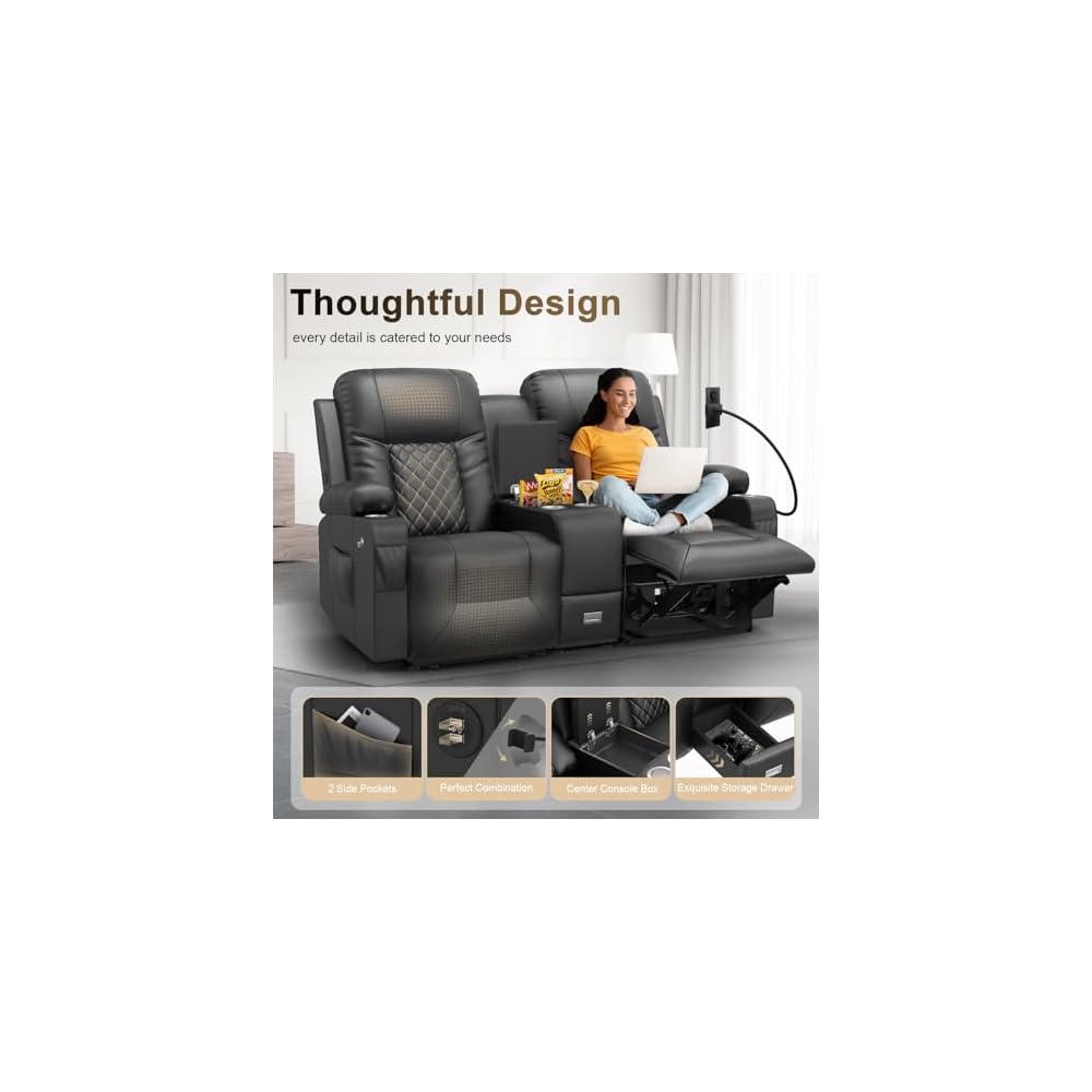 YONISEE Loveseat Recliner, Loveseat Recliner Sofa with Storage Console, RV Recliner Couch with USB Ports, 2 Cell Phone Holders, Cup Holder, Reclining Loveseat for Living Room