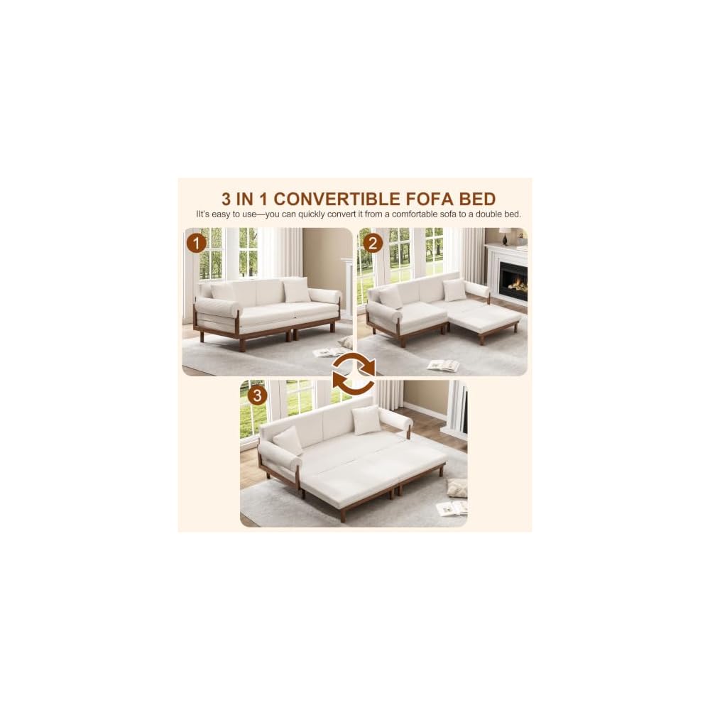 Sofa Bed with Pull Out Sleeper, 84.65 Inch, Full Solid Wood Frame,