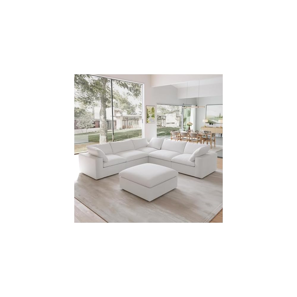 JACH V Shape Cloud Couches for Living Room, Modular Convertible Sectional Sofa Couch, Couch Cushion Covers Removable, Cloud Sofas with Chaise Ottoman for Party Living Room, Bedroom, Apartment (White)