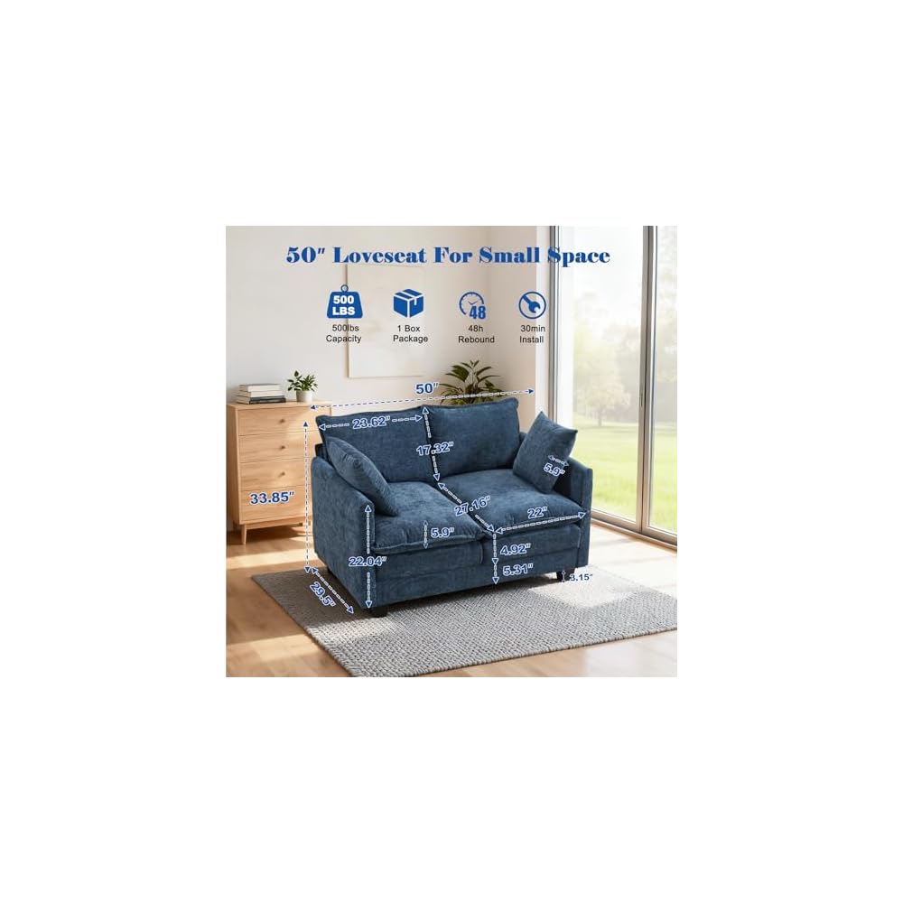 Loveseat Sofa Cloud Sofa Couch 50'', Modern Loveseats 2 Seat Couch 27" Deep Seat with 2 Pillows for Small Spaces Apartment Studio Office Bedroom Living Room 8834-BLUE