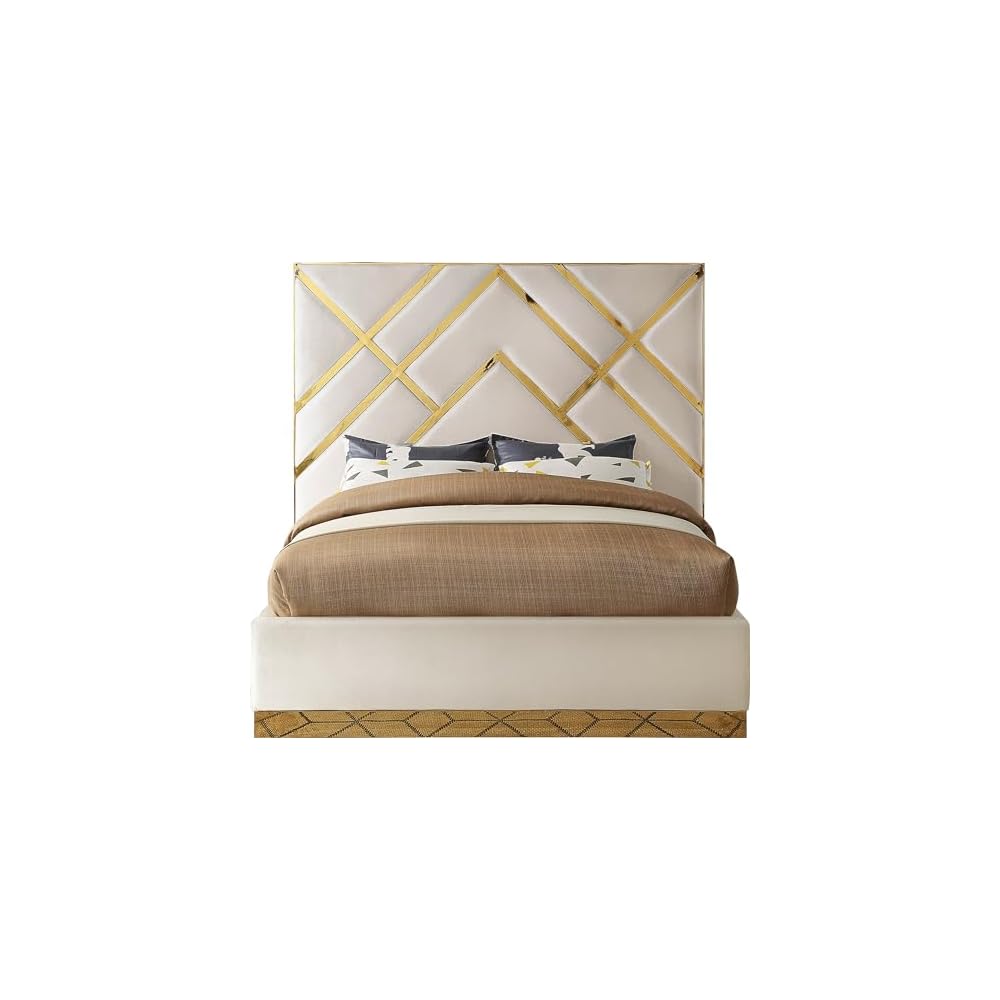 Meridian Furniture VectorCream-K Vector Collection Modern | Contemporary Velvet Upholstered Bed, Custom Gold Metal Base and Polished Gold Metal Design, 97.5" W x 85.5" D x 68" H, Cream, King