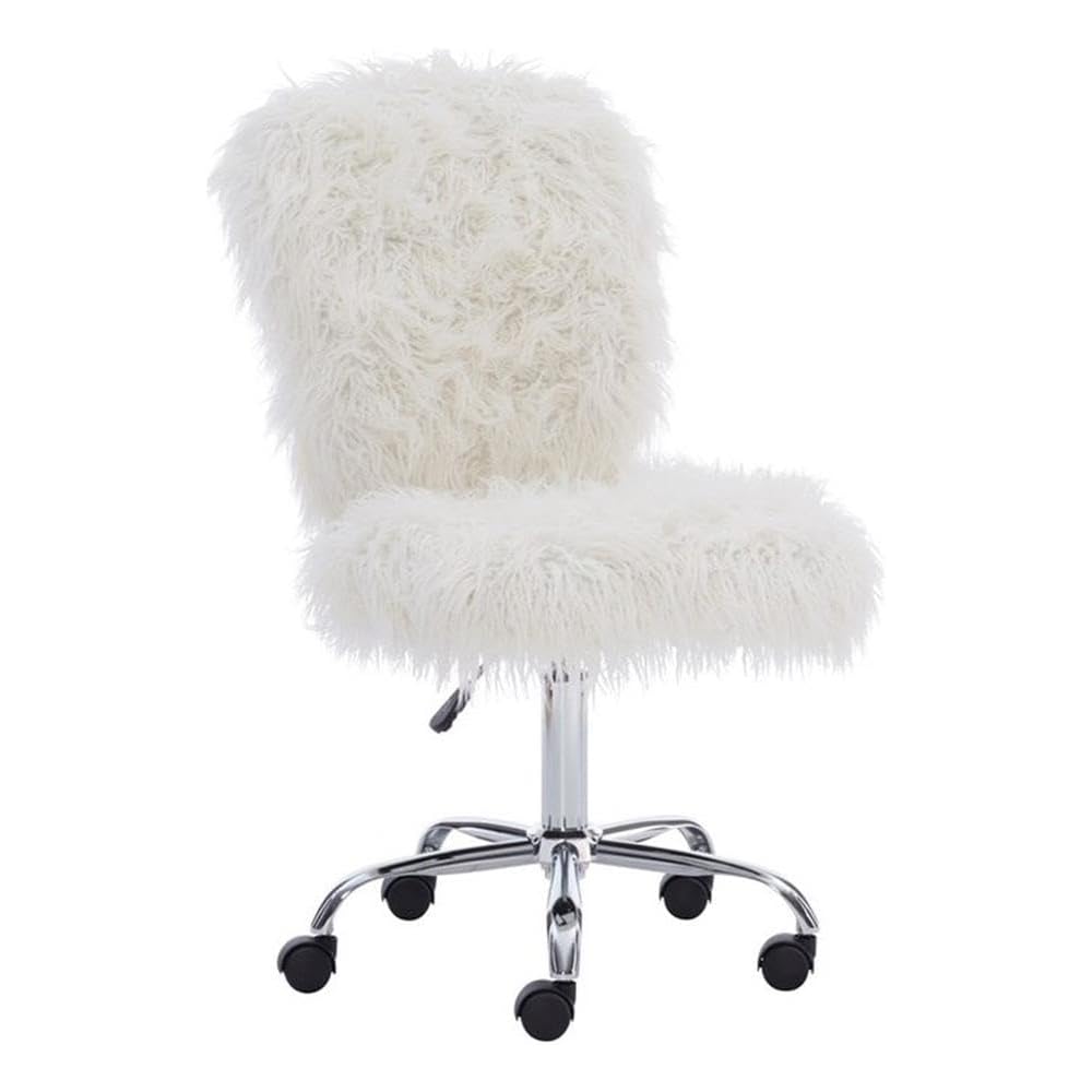 Pemberly Row Faux Fur Upholstered Armless Task Chair, Adjustable Height, Chrome Base with Casters, Cream White Polyester Upholstery, Swivel Office Chair for Home or Dorm Workspace