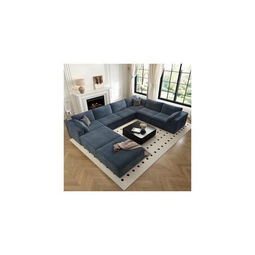 157.5" Cloud Couch Oversized Modular Sectional Sofa for Living Room,Modern Sofa with Deep Seat，8 Seater Boneless Couch with 2 Ottoman,Comfy Upholstered Couches for Apartment, Studio, Office,Blue