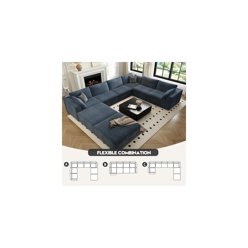 157.5" Cloud Couch Oversized Modular Sectional Sofa for Living Room,Modern Sofa with Deep Seat，8 Seater Boneless Couch with 2 Ottoman,Comfy Upholstered Couches for Apartment, Studio, Office,Blue