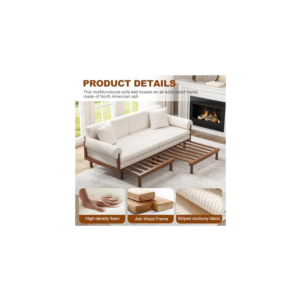 Sofa Bed with Pull Out Sleeper, 84.65 Inch, Full Solid Wood Frame,