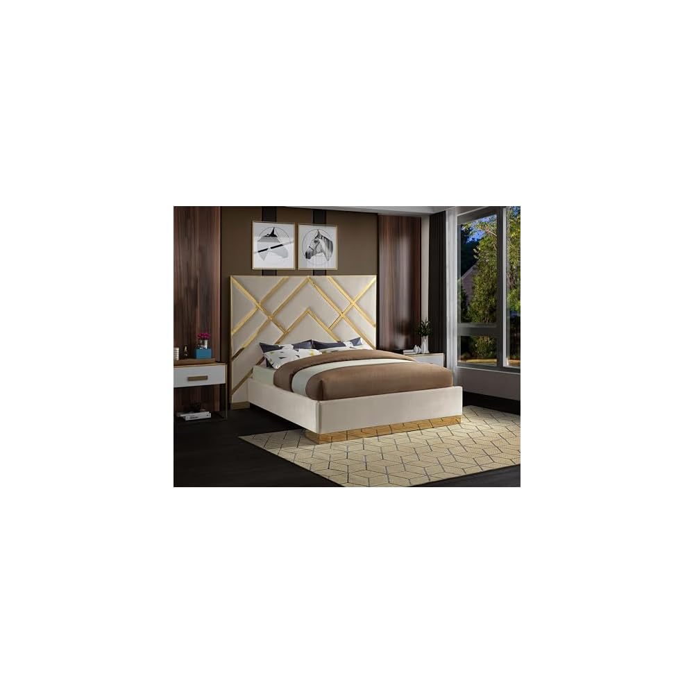 Meridian Furniture VectorCream-K Vector Collection Modern | Contemporary Velvet Upholstered Bed, Custom Gold Metal Base and Polished Gold Metal Design, 97.5" W x 85.5" D x 68" H, Cream, King