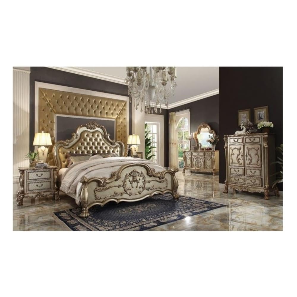 BOWERY HILL Eastern King Panel Bed, Bone Synthetic Leather Upholstery, Gold Patina Finish, Wood and Poly Resin Construction, Claw Legs, Tufted Headboard with Nailhead Trim, Luxury Master Bedroom