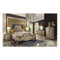 BOWERY HILL Eastern King Panel Bed, Bone Synthetic Leather Upholstery, Gold Patina Finish, Wood and Poly Resin Construction, Claw Legs, Tufted Headboard with Nailhead Trim, Luxury Master Bedroom
