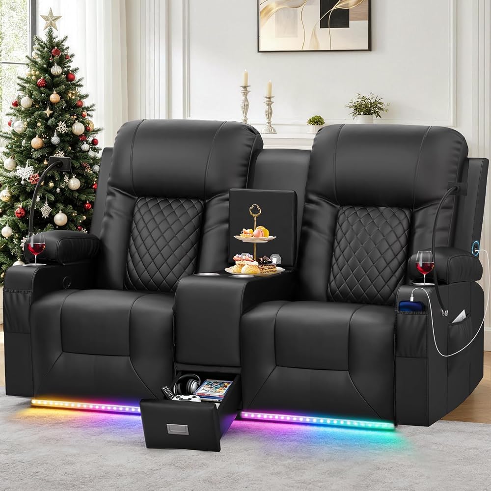 YONISEE Loveseat Recliner, Loveseat Recliner Sofa with Storage Console, RV Recliner Couch with USB Ports, 2 Cell Phone Holders, Cup Holder, Reclining Loveseat for Living Room