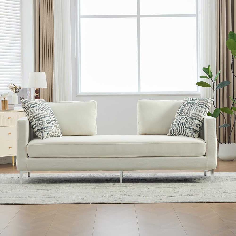 78" Soft Chenille Exquisite Deep-Seat Couch, Elegance Fashionable Sofa with Resilient Foam Cushion, Modern Cloud Couch with Track arms and Pillows for Living Room and Window Space, Ivory