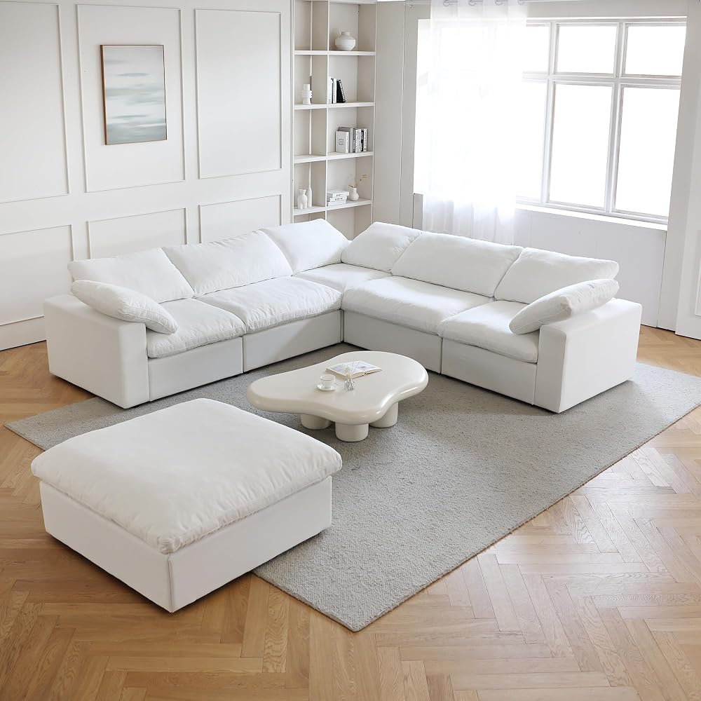 JACH V Shape Cloud Couches for Living Room, Modular Convertible Sectional Sofa Couch, Couch Cushion Covers Removable, Cloud Sofas with Chaise Ottoman for Party Living Room, Bedroom, Apartment (White)