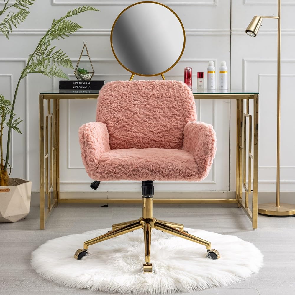 Furniture Office Chair,Artificial Rabbit Hair Home Office Chair with Golden Metal Base,Adjustable Desk Chair Swivel Office Chair,Vanity Chair(Pink), 320 mm
