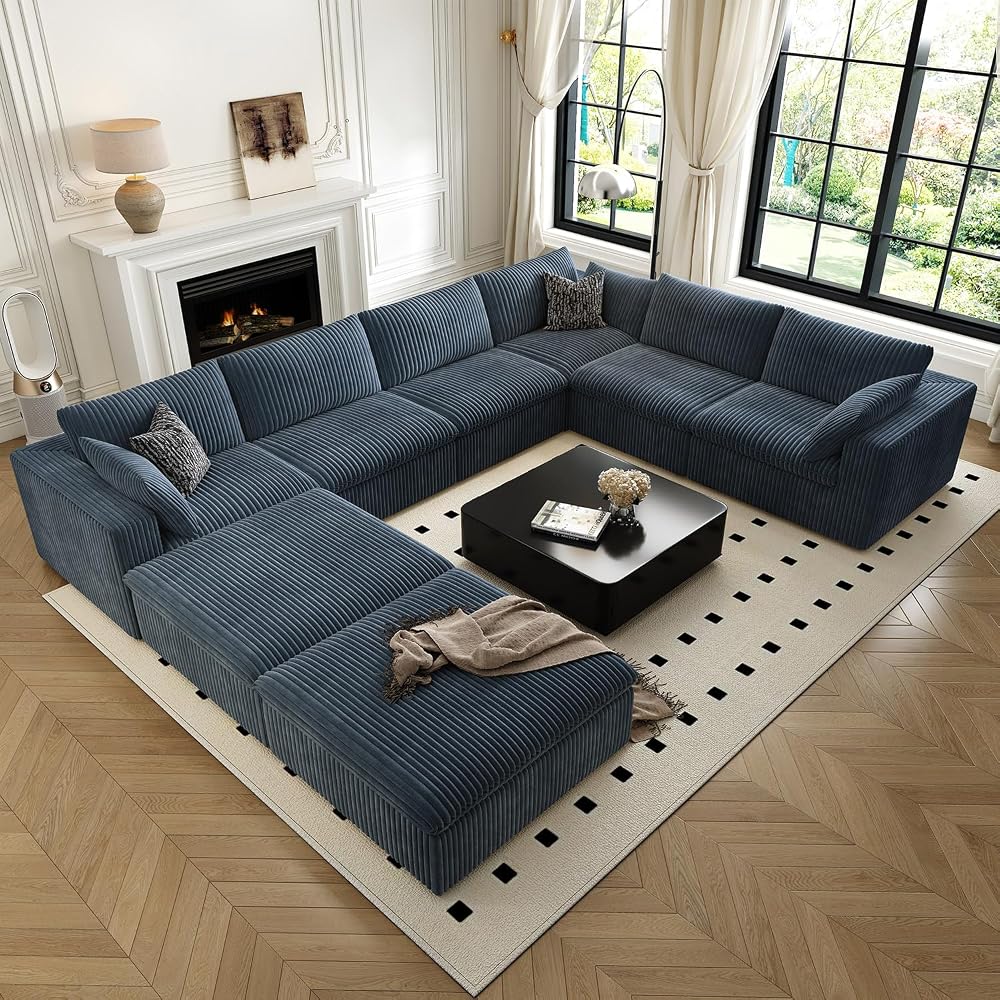 157.5" Cloud Couch Oversized Modular Sectional Sofa for Living Room,Modern Sofa with Deep Seat，8 Seater Boneless Couch with 2 Ottoman,Comfy Upholstered Couches for Apartment, Studio, Office,Blue