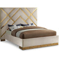 Meridian Furniture VectorCream-K Vector Collection Modern | Contemporary Velvet Upholstered Bed, Custom Gold Metal Base and Polished Gold Metal Design, 97.5" W x 85.5" D x 68" H, Cream, King