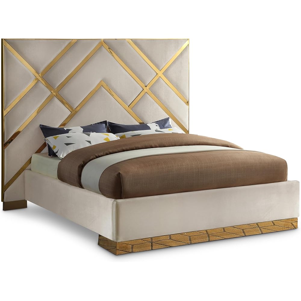 Meridian Furniture VectorCream-K Vector Collection Modern | Contemporary Velvet Upholstered Bed, Custom Gold Metal Base and Polished Gold Metal Design, 97.5" W x 85.5" D x 68" H, Cream, King